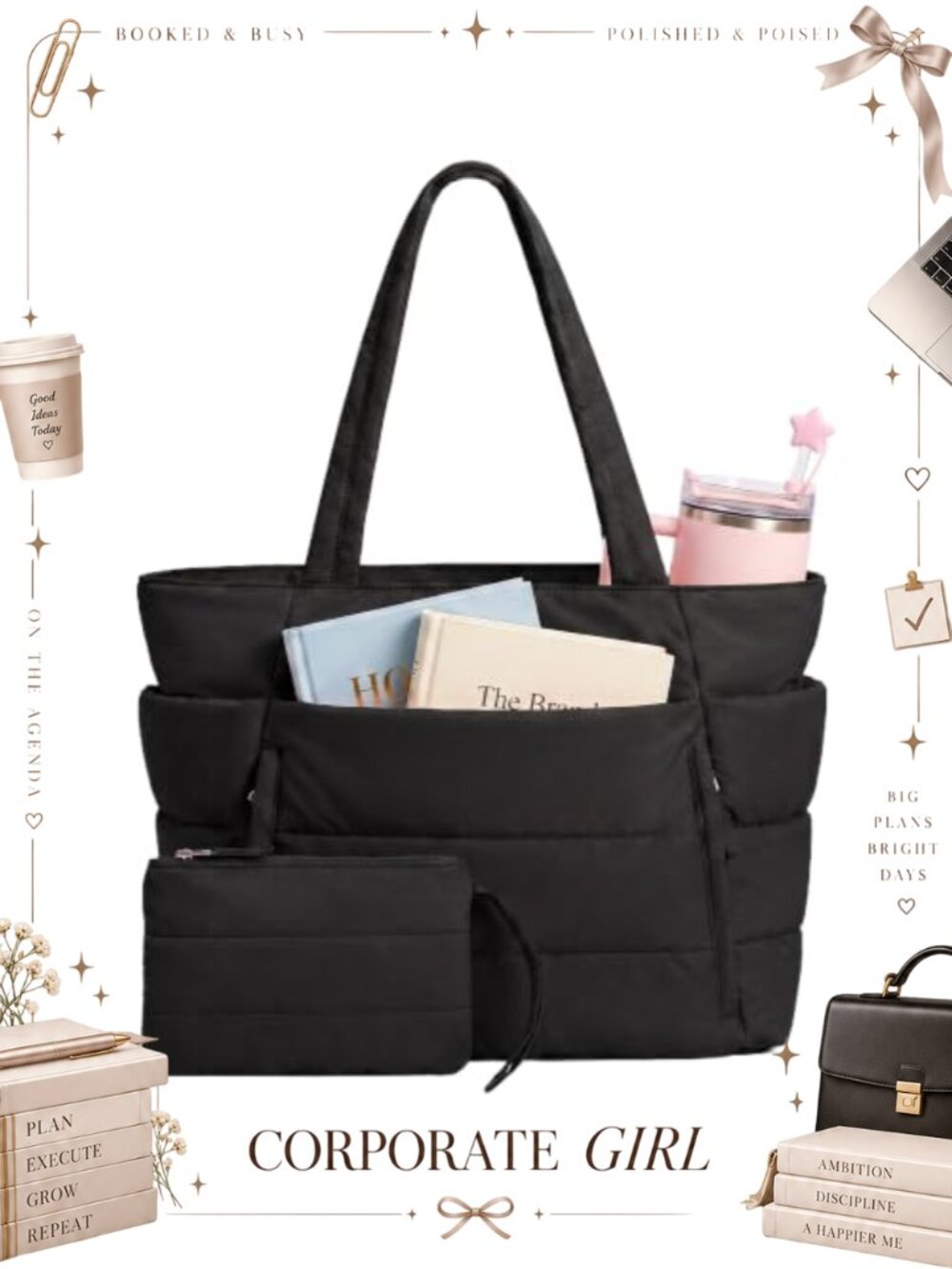 Lightweight Nylon Puffer Tote Bag with Makeup Bag 15.6" Laptop Gym Work Travel